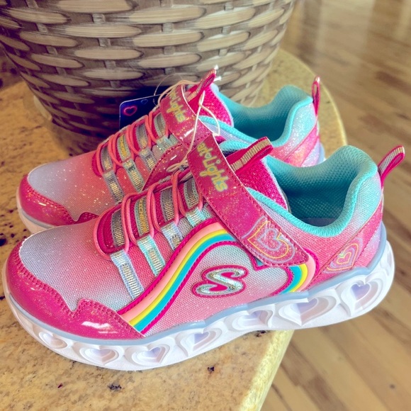 Sketchers Heart Light Up Shoes Pink Glittery Sneakers White Sole - Picture 1 of 16
